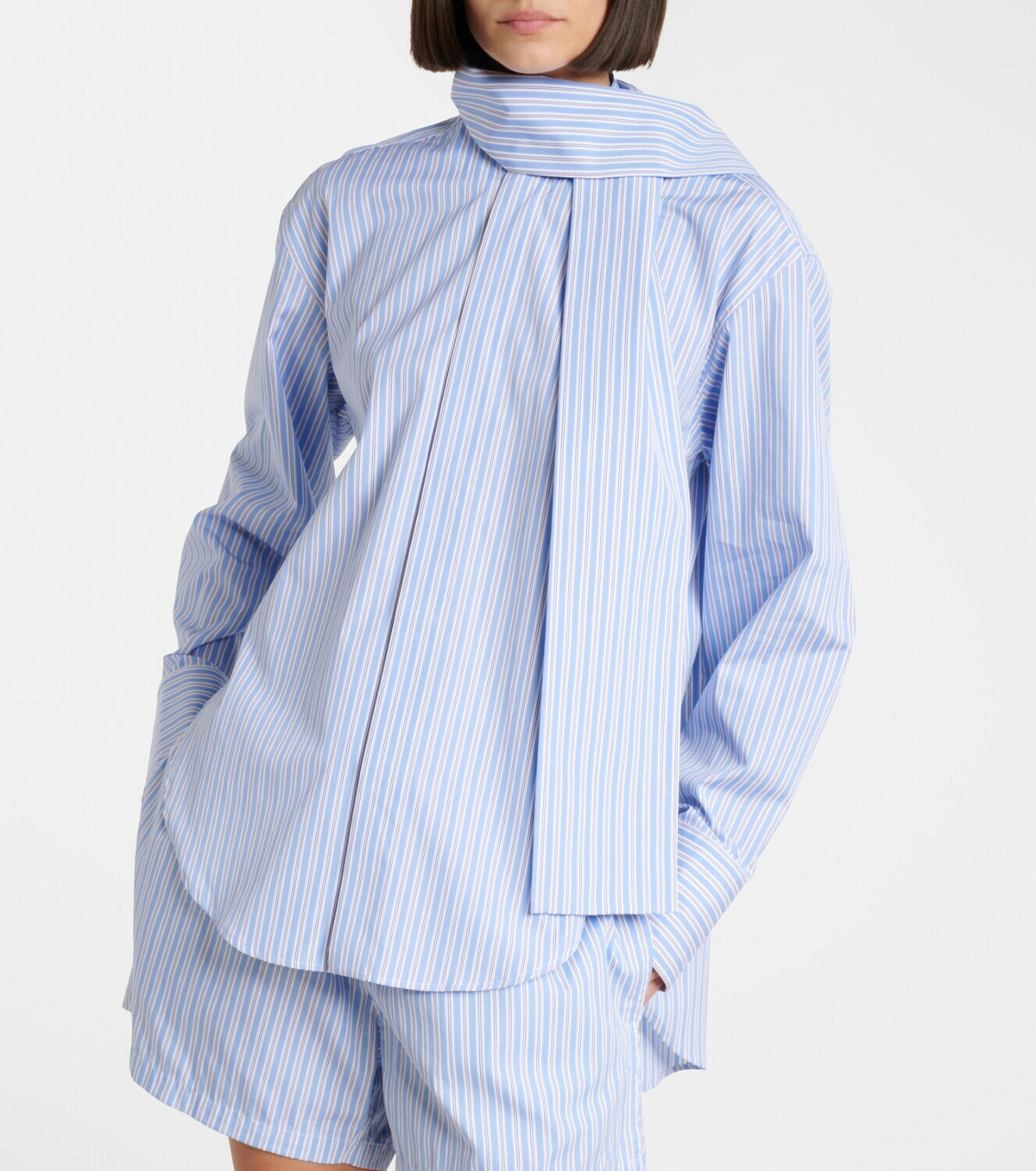 Plan C Scarf-detail striped cotton shirt