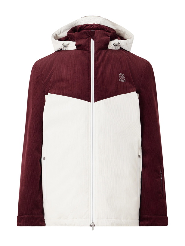 Photo: Brunello Cucinelli - Logo-Embroidered Paneled Cotton-Corduroy Hooded Ski Jacket - Burgundy
