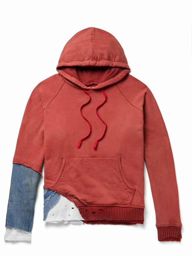 Photo: Greg Lauren - Multi Fragment Distressed Patchwork Denim, Waffle-Knit and Cotton-Jersey Hoodie - Red