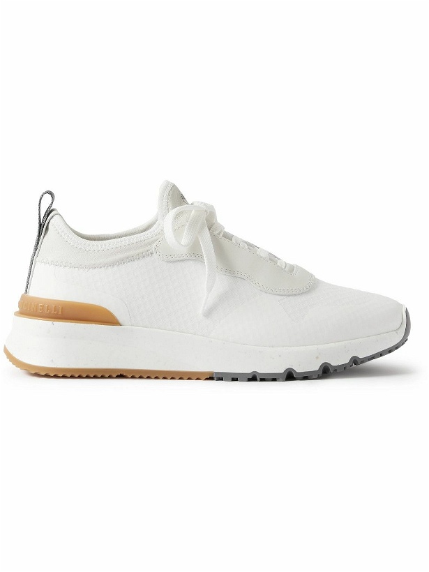 Photo: Brunello Cucinelli - Leather and Rubber-Trimmed Stretch-Knit Sneakers - White