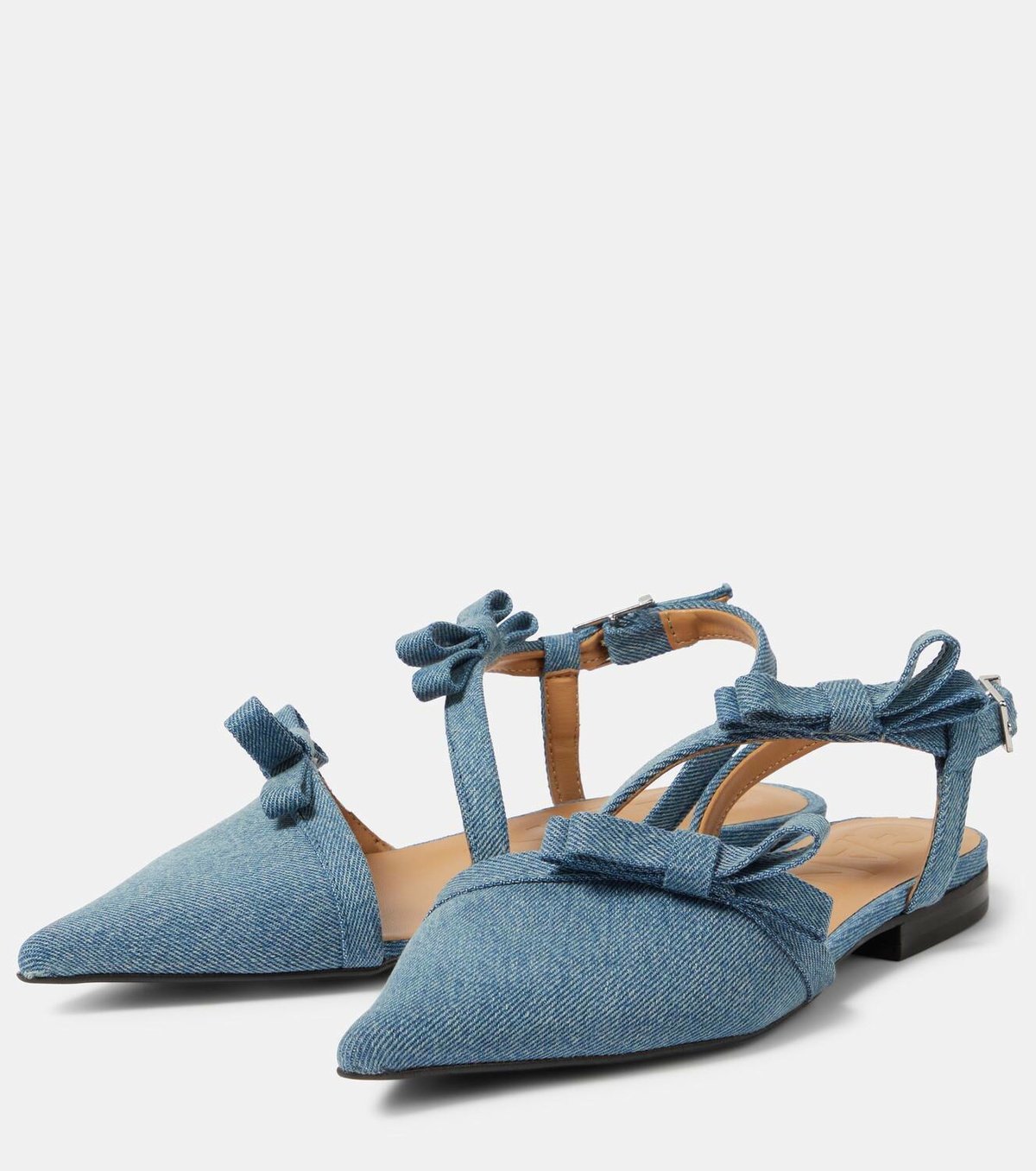 Ganni Bow-detail denim ballet flats GANNI