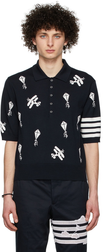 Photo: Thom Browne Navy 4-Bar Sky Icons Polo