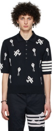 Thom Browne Navy 4-Bar Sky Icons Polo