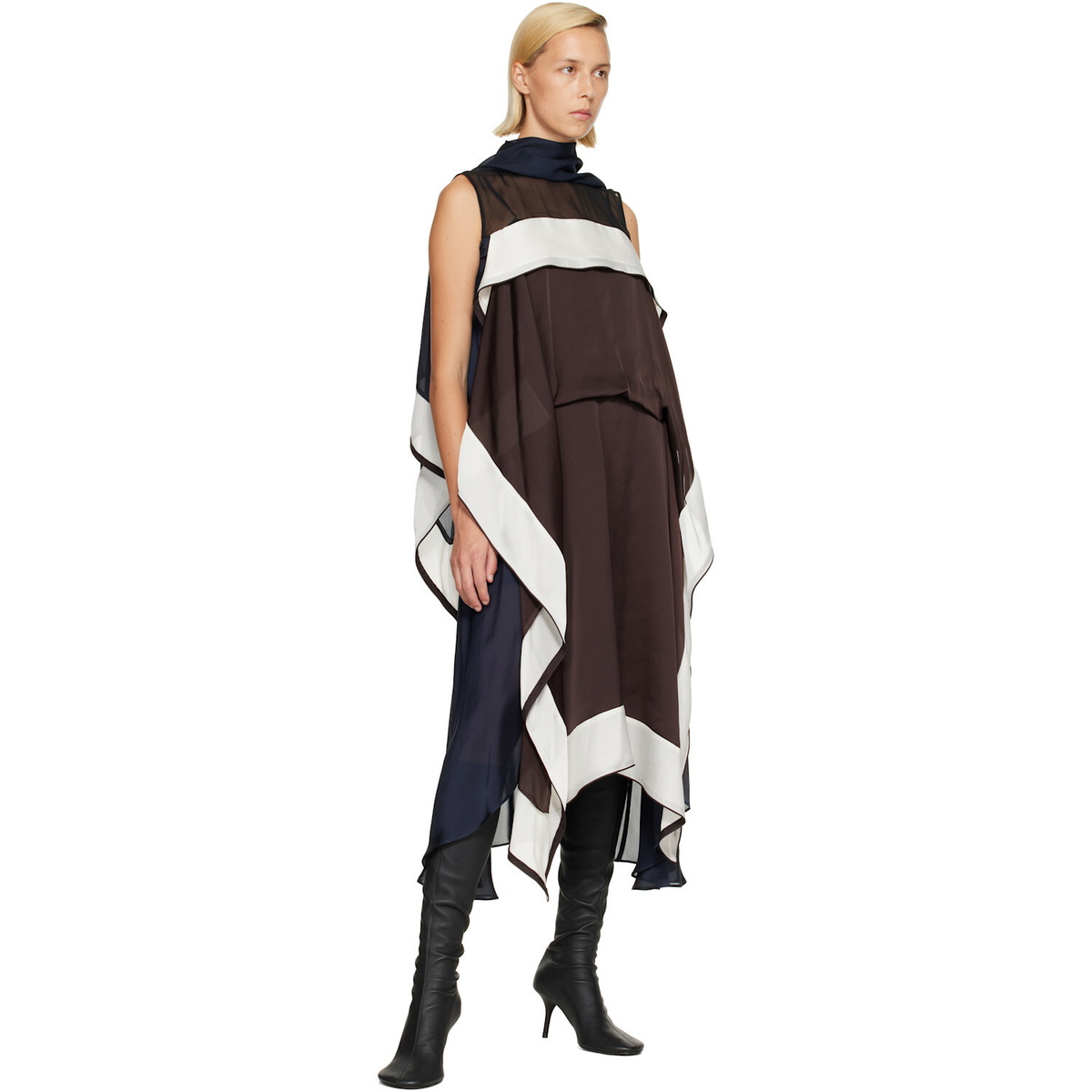 sacai Brown Satin & Chiffon Midi Dress