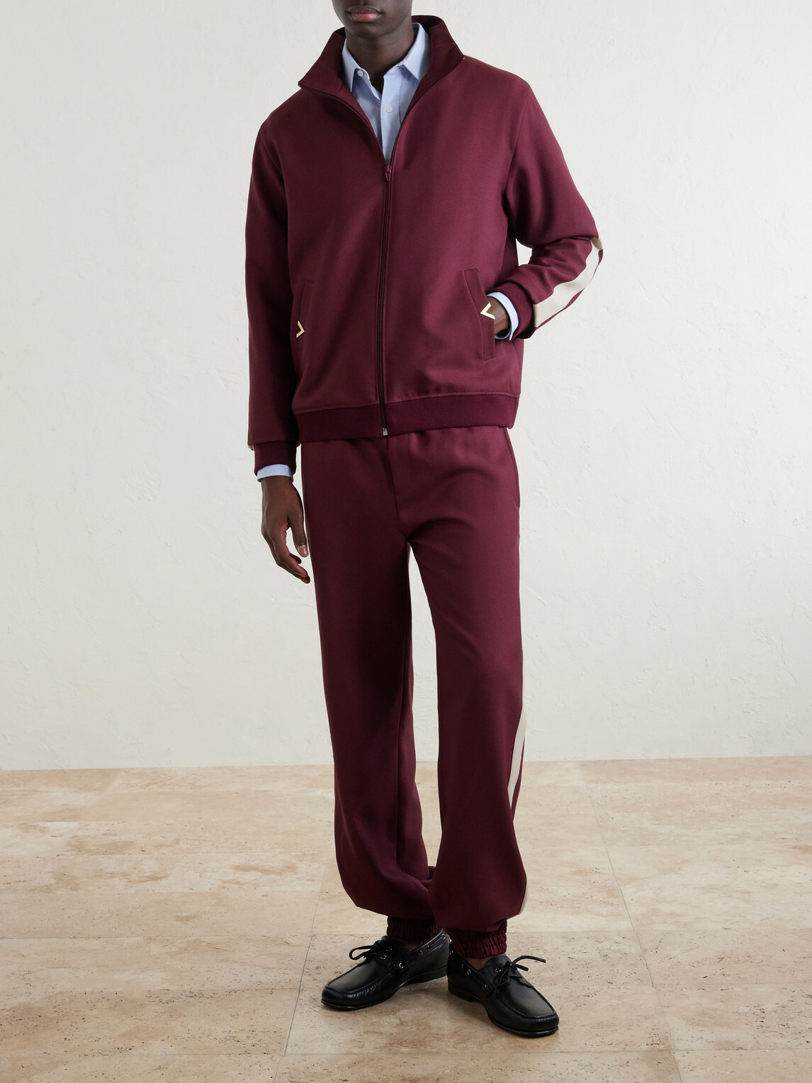Valentino Garavani - VGold Striped Drill Zip-Up Sweater - Burgundy