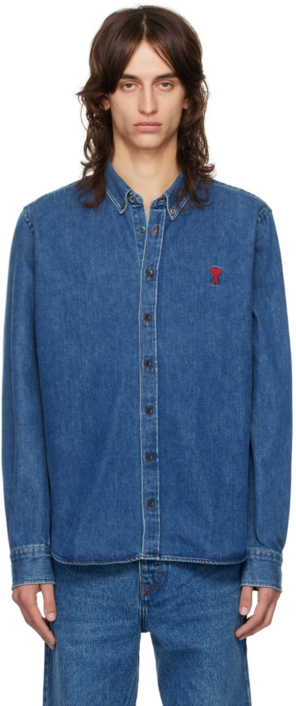 AMI Paris Blue Button-Down Ami De Cœur Denim Shirt AMI