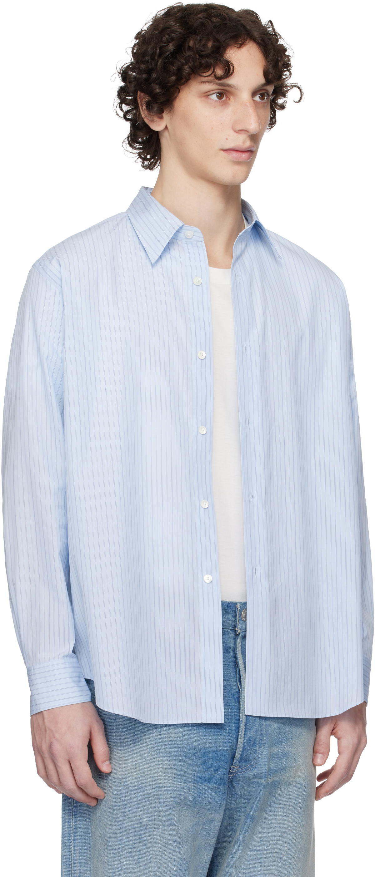 AURALEE Blue Suvin High Count Cloth Stripe Shirt Auralee