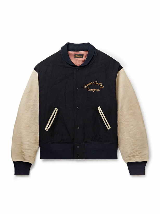 Photo: Visvim - Embroidered Wool and Linen-Blend Twill and Full-Grain Leather Varsity Jacket - Blue