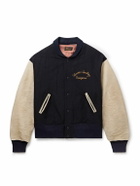 Visvim - Embroidered Wool and Linen-Blend Twill and Full-Grain Leather Varsity Jacket - Blue