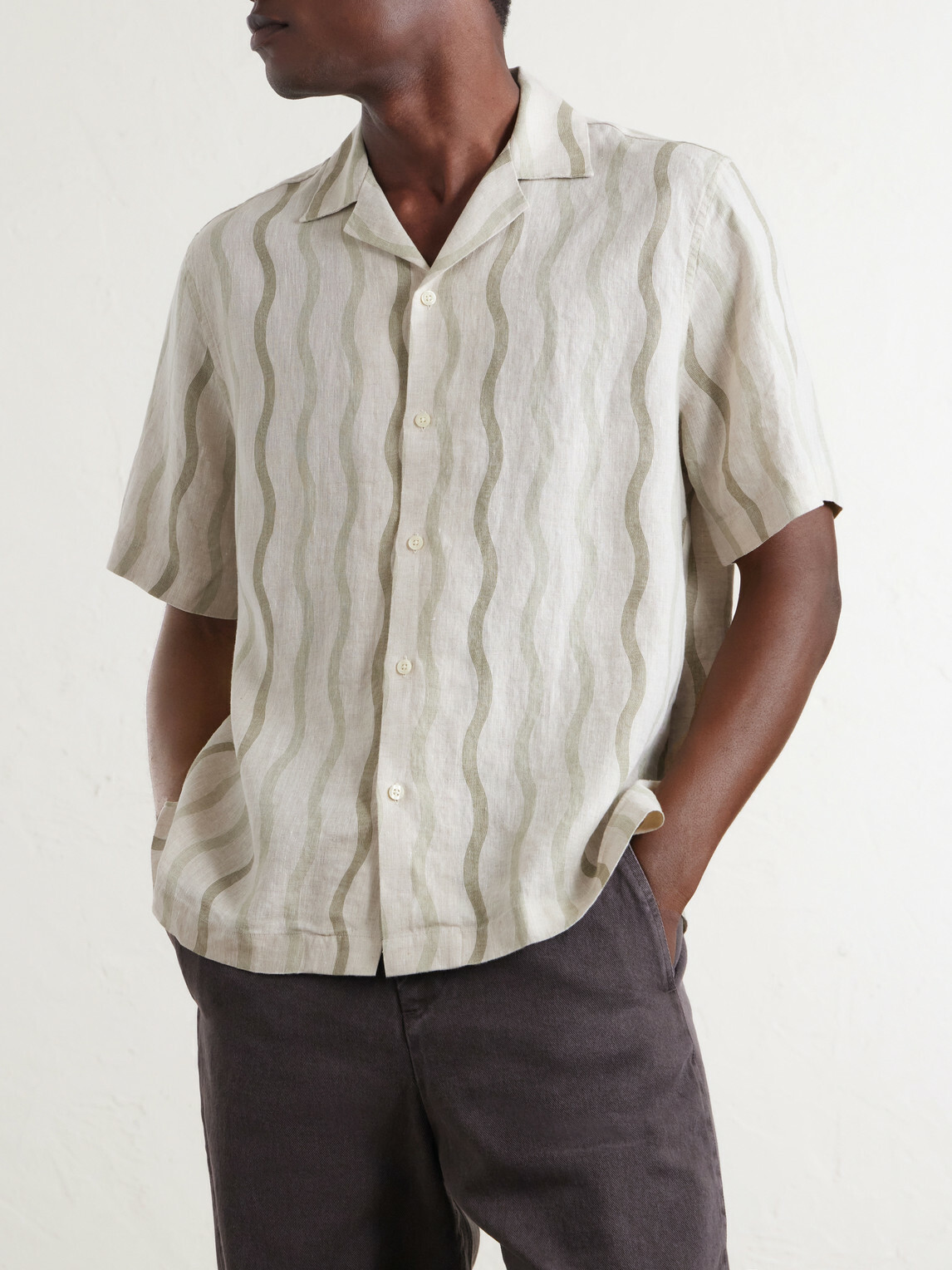 Frescobol Carioca - Roberto Camp-Collar Striped Linen Shirt - Green