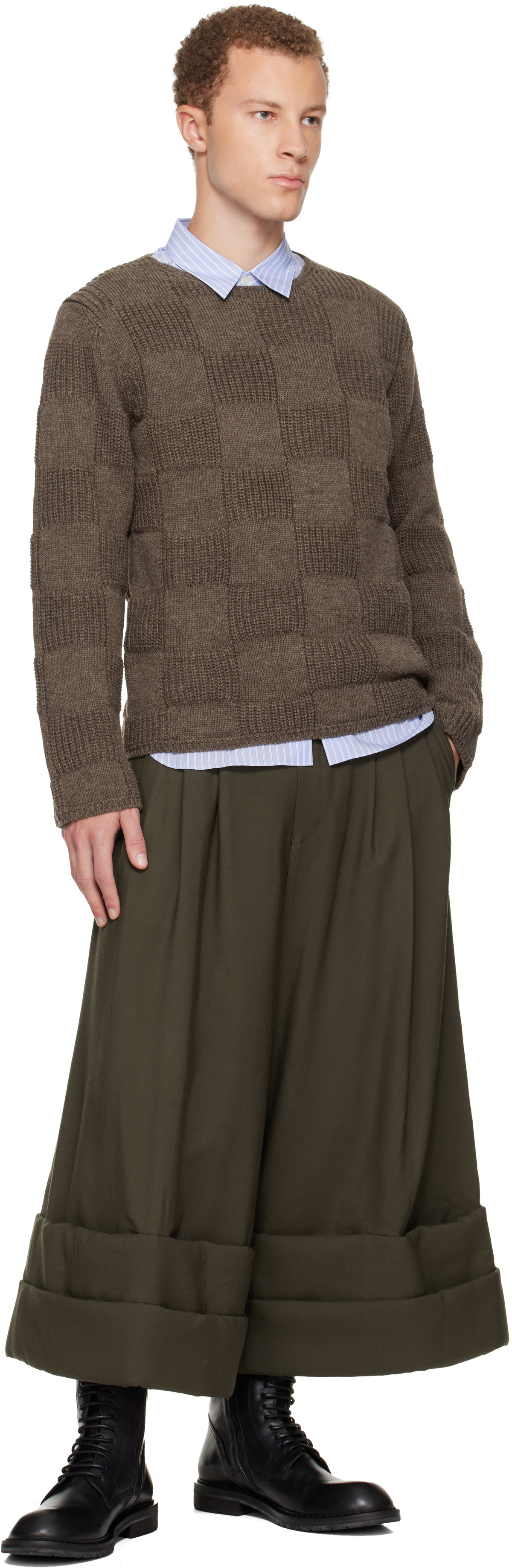 Comme des Garçons Homme Deux Brown Wool Checkerboard Crewneck Sweater