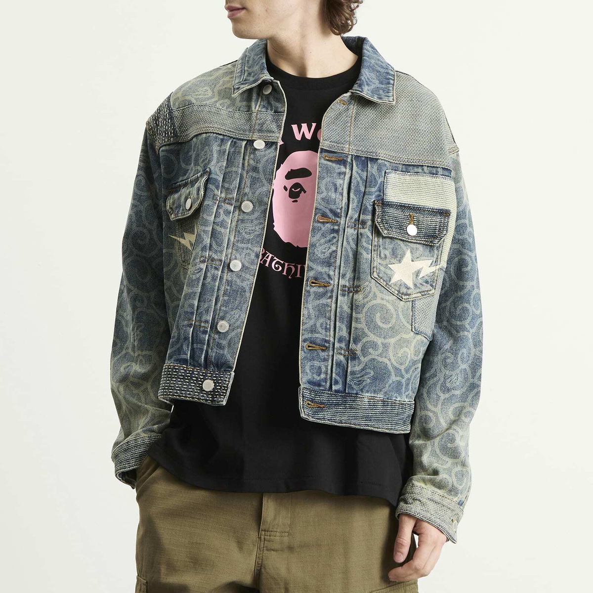 A Bathing Ape Men's Cloud Camo Upcycled Denim Trucker Jacket in Navy