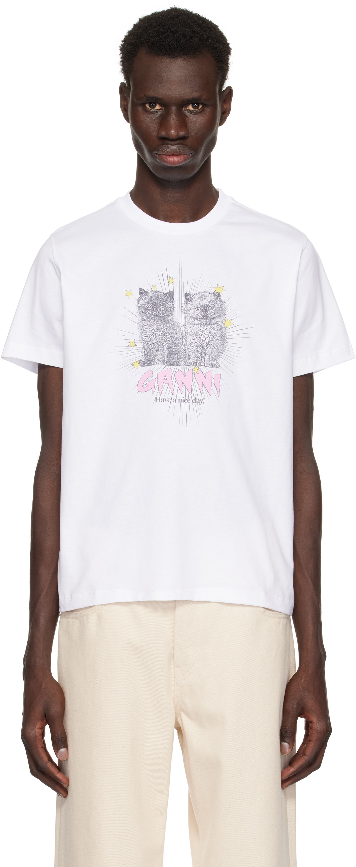 GANNI White Basic Jersey Kittens Relaxed T-shirt GANNI