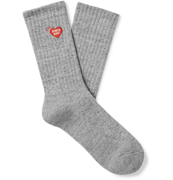 Photo: Human Made - Logo-Embroidered Ribbed Cotton-Blend Socks - Gray