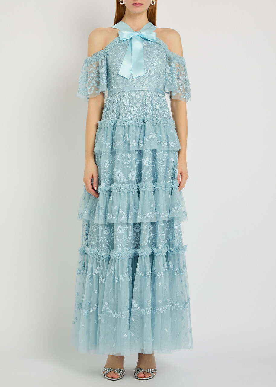 Needle & Thread Primrose Floral-embroidered Tulle Gown Blue