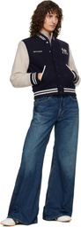 Sporty & Rich Navy & Beige Yankees Curve Wool Varsity Jacket