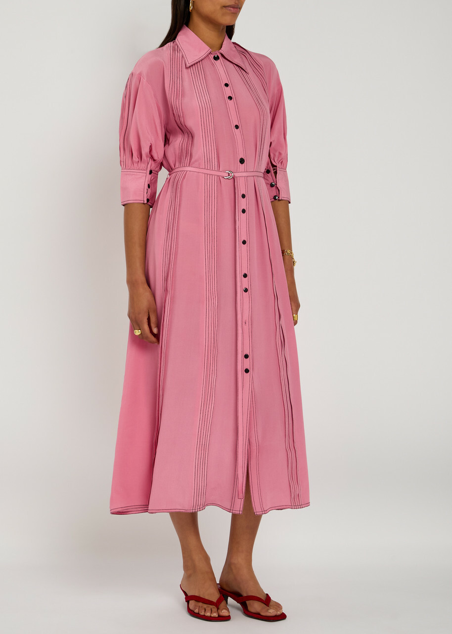 Lovebirds Natalie Pintuck Silk-chiffon Midi Dress Pink