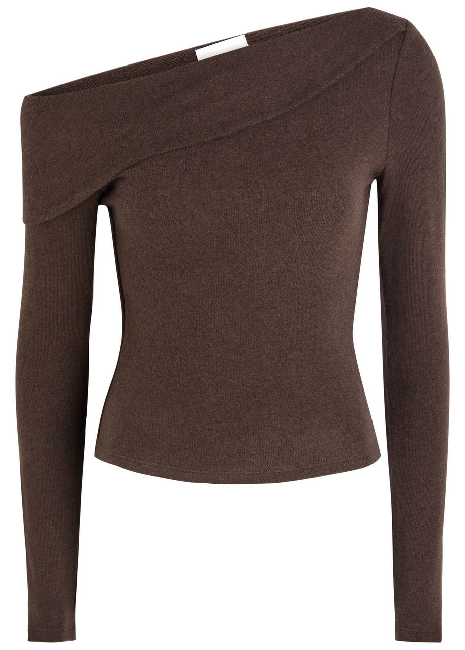 Reformation Elio Off-the-shoulder Knit top Dark Brown