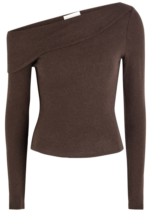 Photo: Reformation Elio Off-the-shoulder Knit top Dark Brown