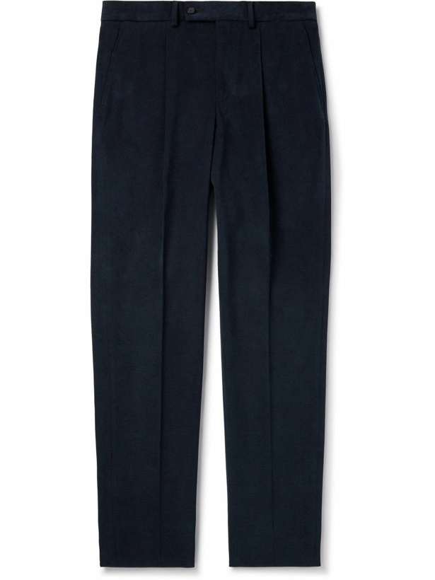 Photo: Caruso - Straight-Leg Pleated Brushed Cotton-Blend Twill Trousers - Blue