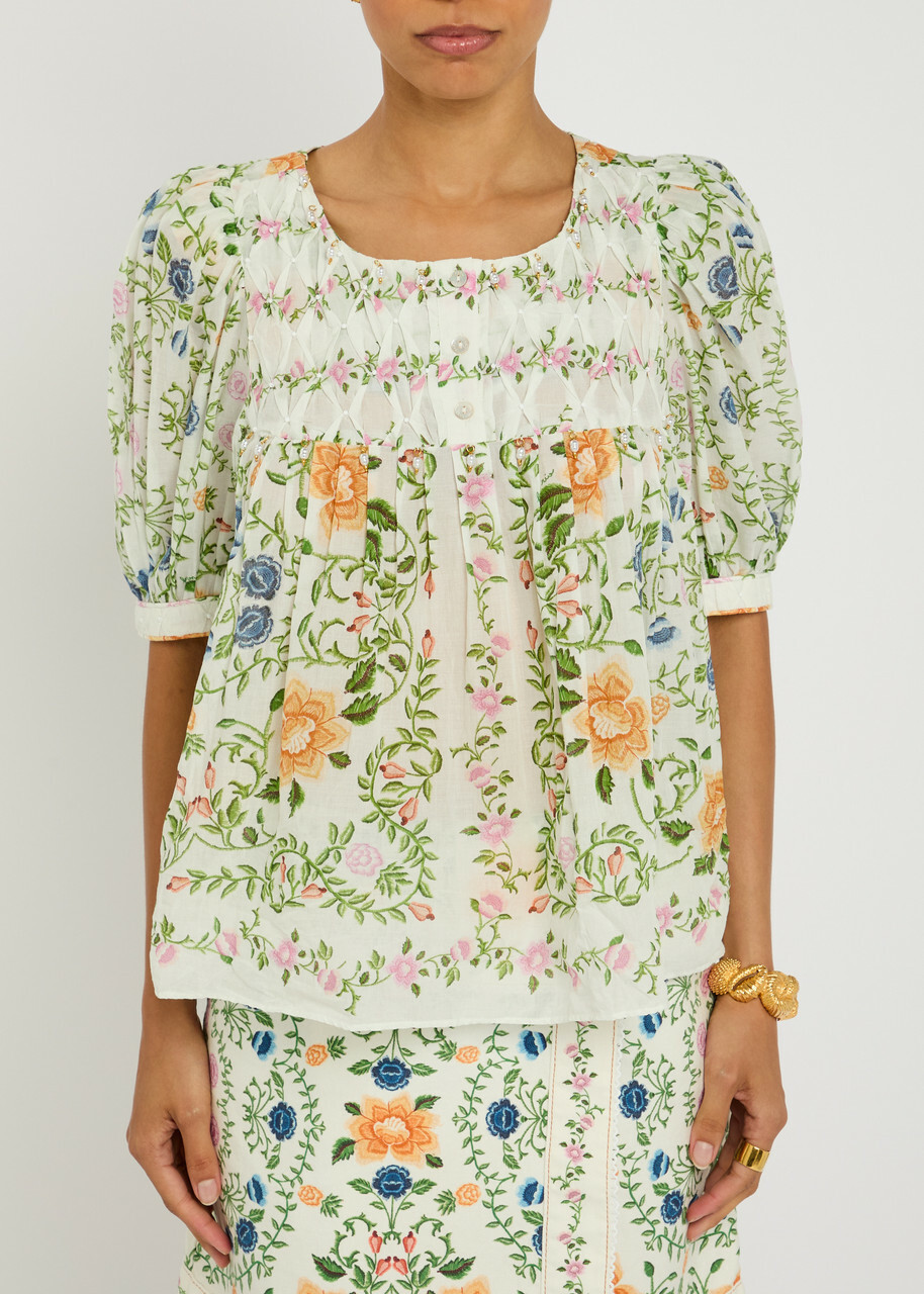 Farm Rio Folk Floral-print Cotton Blouse Multicoloured