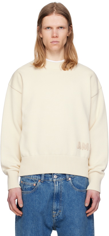 Photo: AMI Paris Off-White Cotton 'Ami' Embroidered Crewneck Sweater