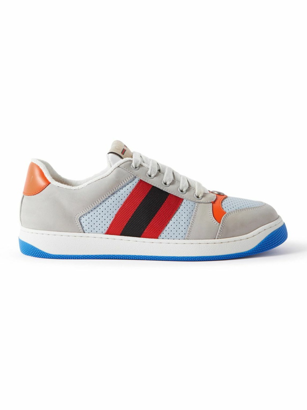 Photo: GUCCI - Screener Suede, Mesh, Webbing and Leather Sneakers - Gray
