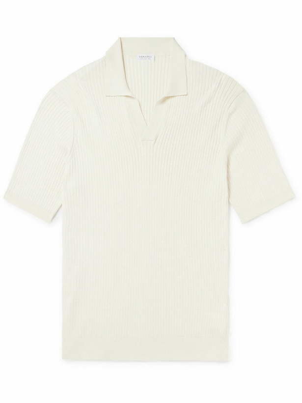 Photo: Sunspel - Ribbed Mulberry Silk and Organic Cotton-Blend Polo Shirt - Neutrals