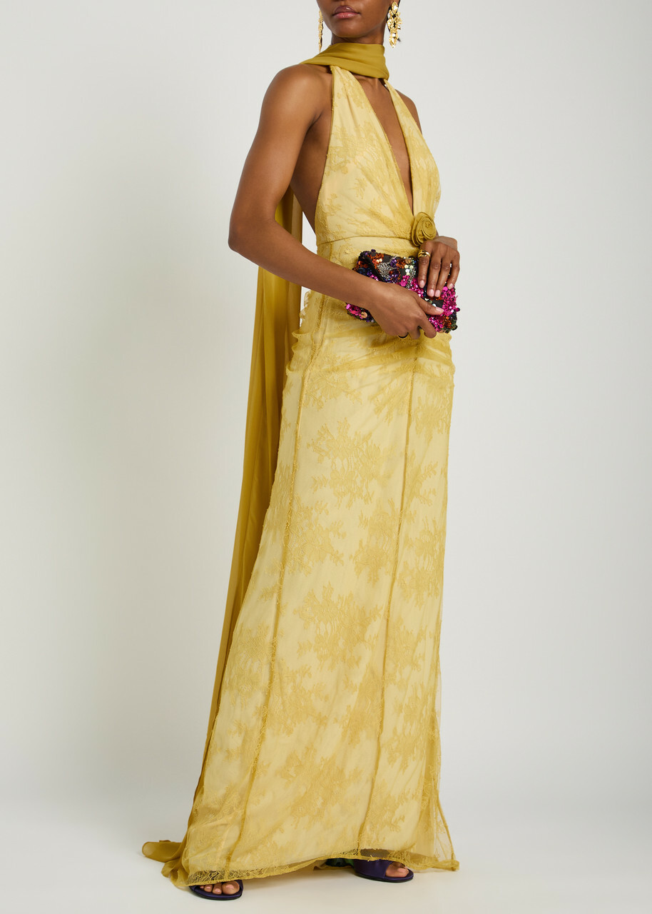 DE LA Vali Amora Scarf-effect Lace Gown Yellow