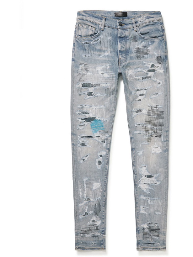 Photo: AMIRI - Skinny-Fit Distressed Embroidered Jeans - Blue