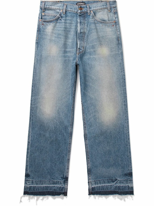 Photo: CHERRY LA - Wide-Leg Distressed Embellished Jeans - Blue