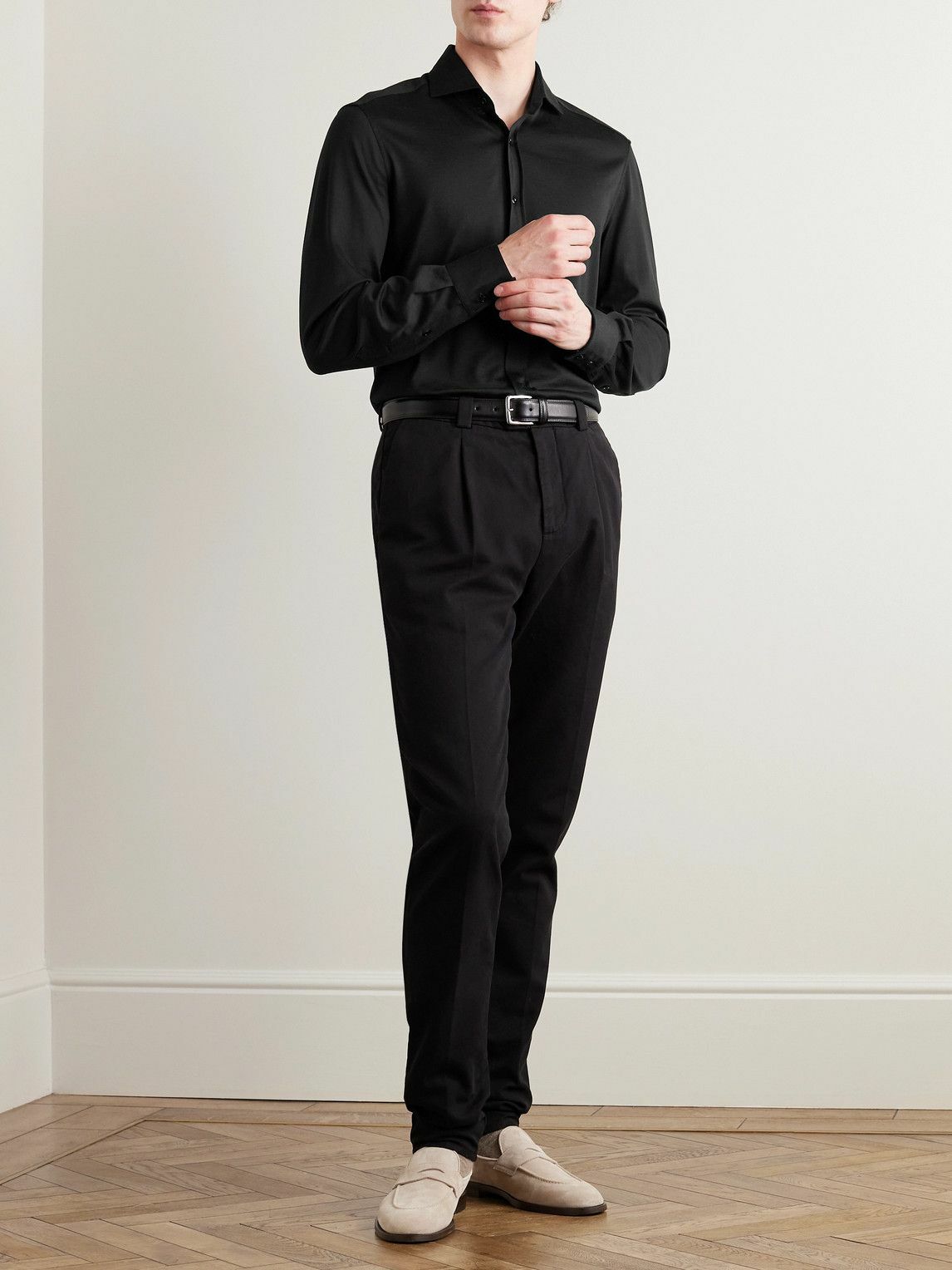 Brunello Cucinelli - Cutaway-Collar Silk and Cotton-Blend Shirt - Black