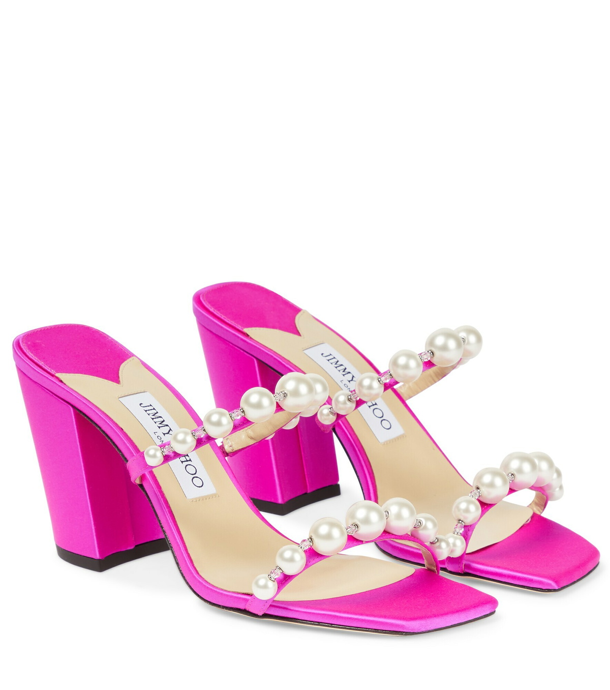 サンダル・ミュール JIMMY CHOO Fuchsia Satin Amara 85 Mules Fuchsia Satin Mules with Pearl Embellishment | AMARA 45