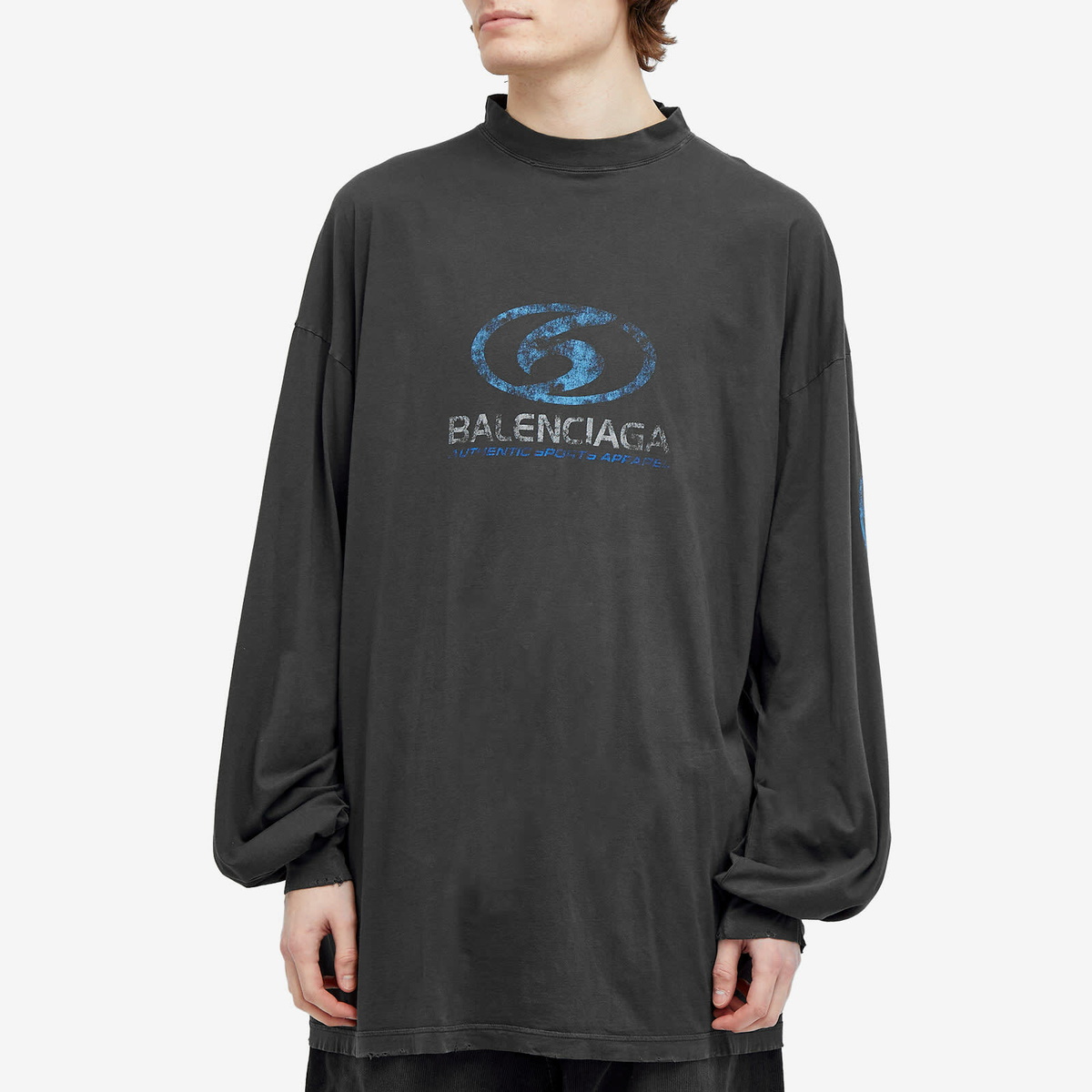 Balenciaga Men's Surf Logo Longsleeve T-Shirt in Faded Black/Blue