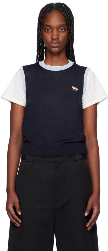 Photo: Maison Kitsuné Navy Baby Fox Patch Bi-Color Knitted Tank Top