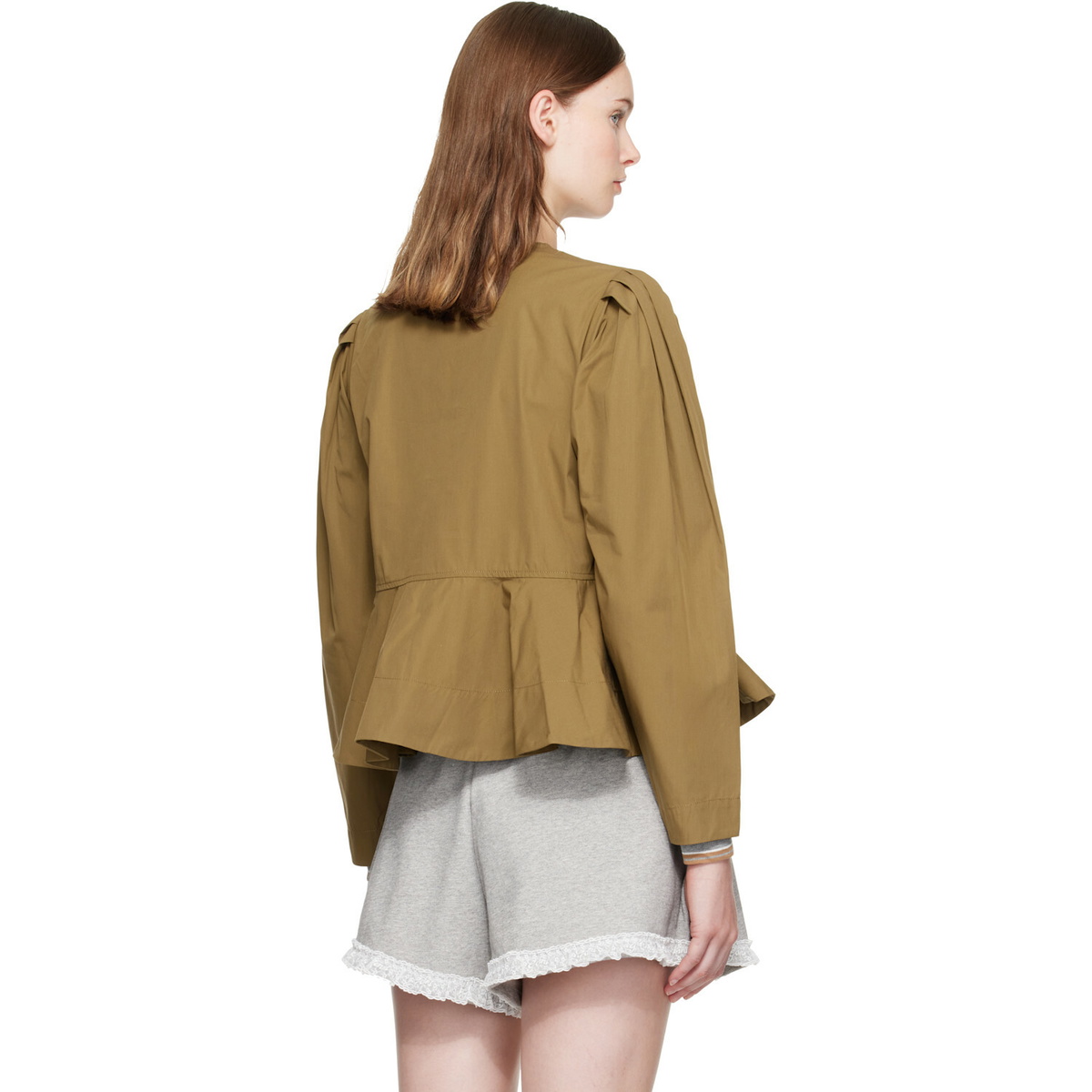 GANNI Khaki Compact Poplin Long Sleeve Peplum Blouse
