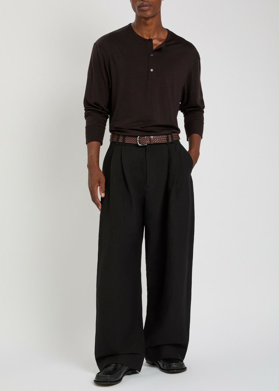 Studio Nicholson Line Pleated Linen and Wool-blend Trousers Black