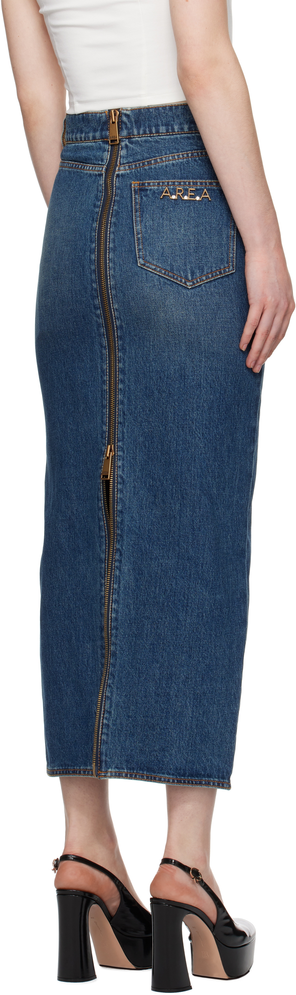 AREA Blue Zip Slit Denim Midi Skirt