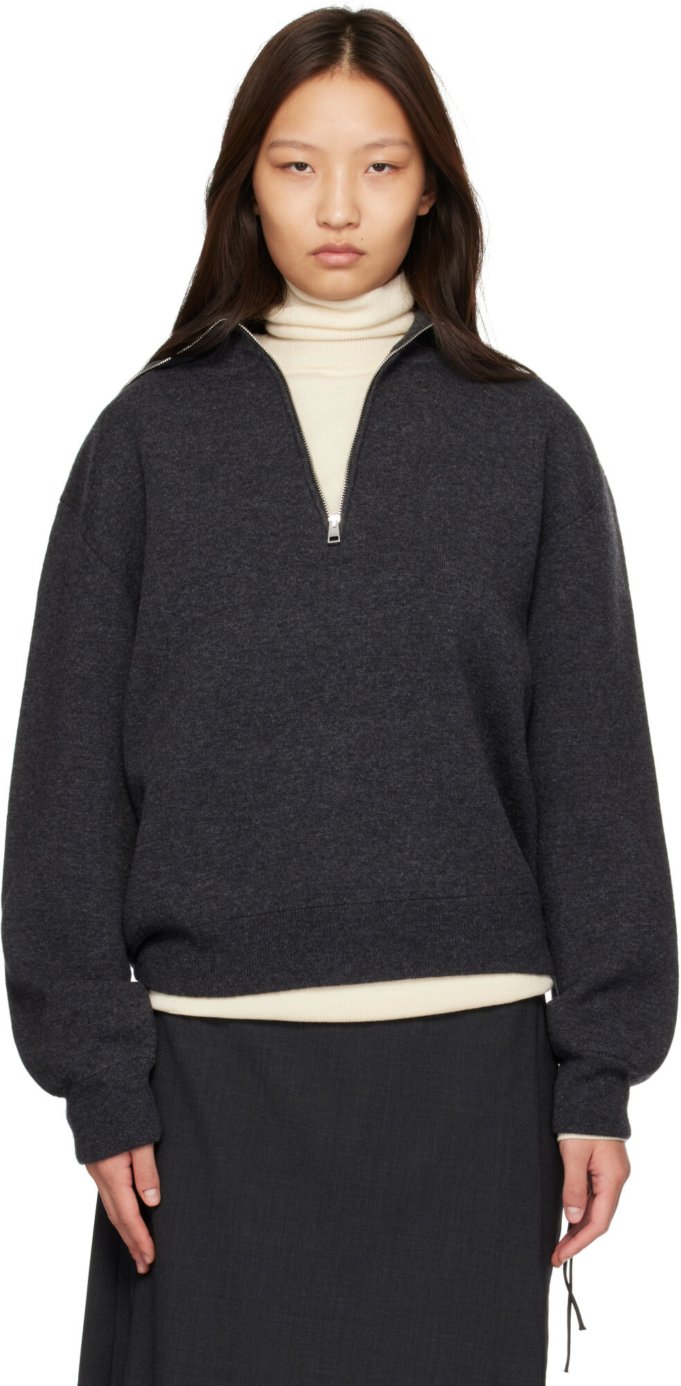 Róhe Gray Reversible Zipped Turtleneck Sweater