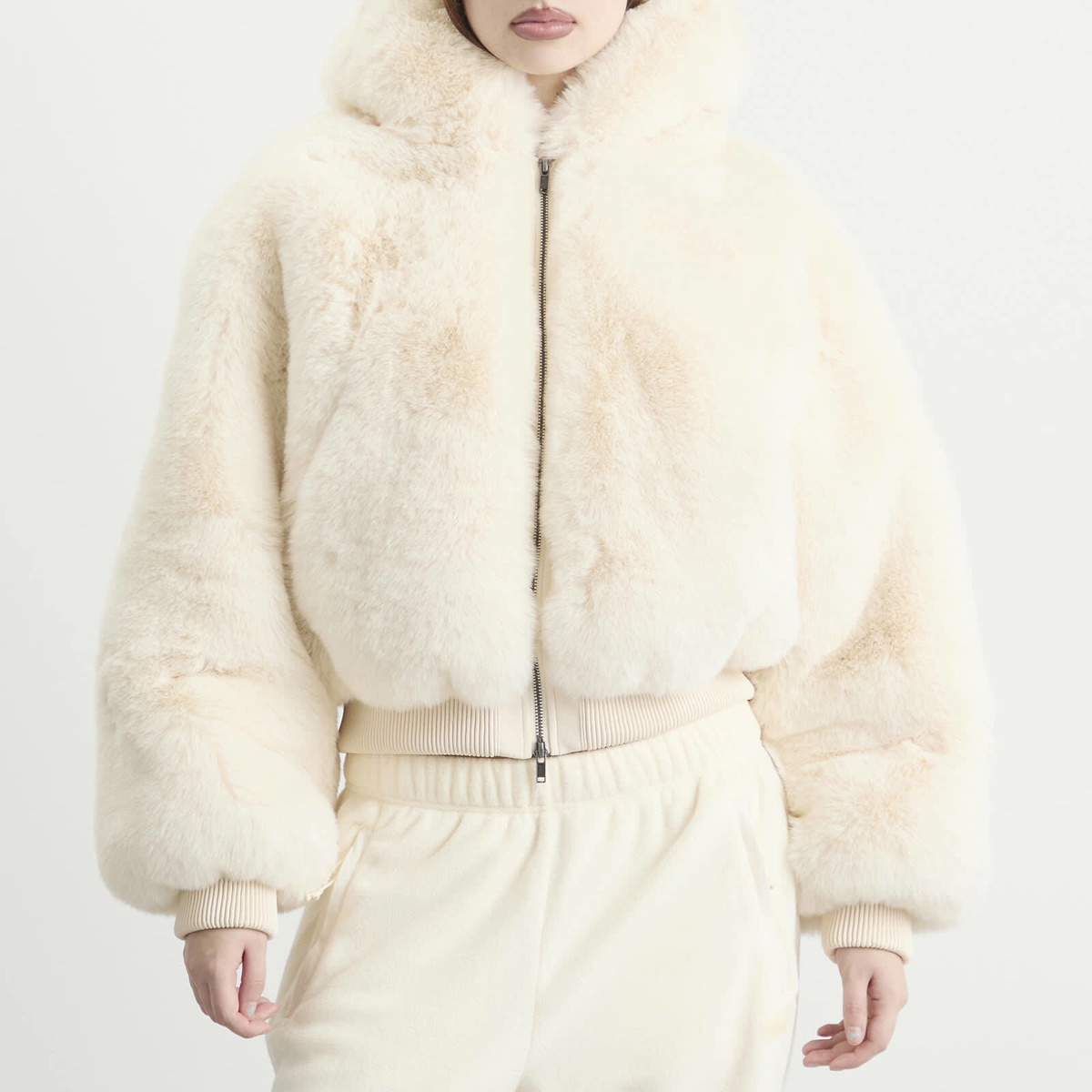 SKIMS Women's Faux Fur Shrunken Hoodie Jacket in Egret
