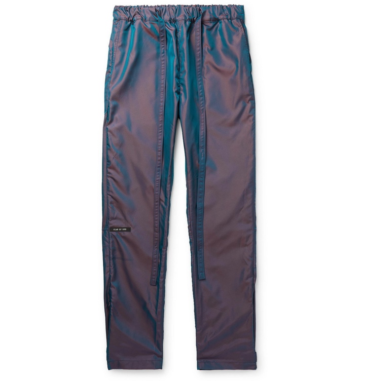 Photo: Fear of God - Slim-Fit Logo-Appliquéd Iridescent Nylon Drawstring Trousers - Blue