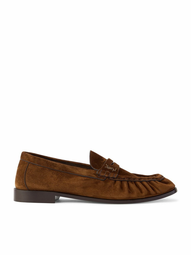 Photo: SAINT LAURENT - Le Loafer Monogram Logo-Appliquéd Suede Penny Loafers - Brown
