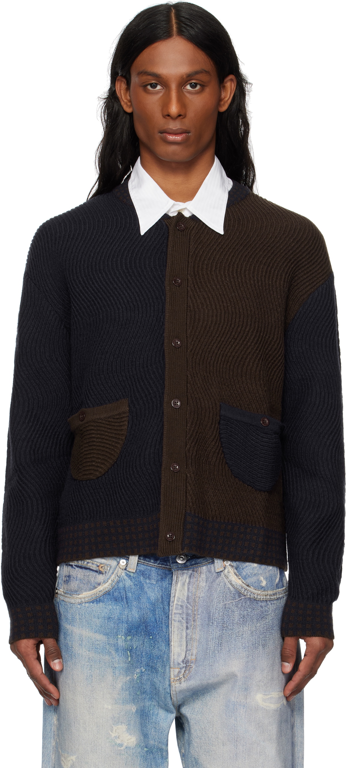 Dime Navy & Brown Wave Knit Cardigan Dime