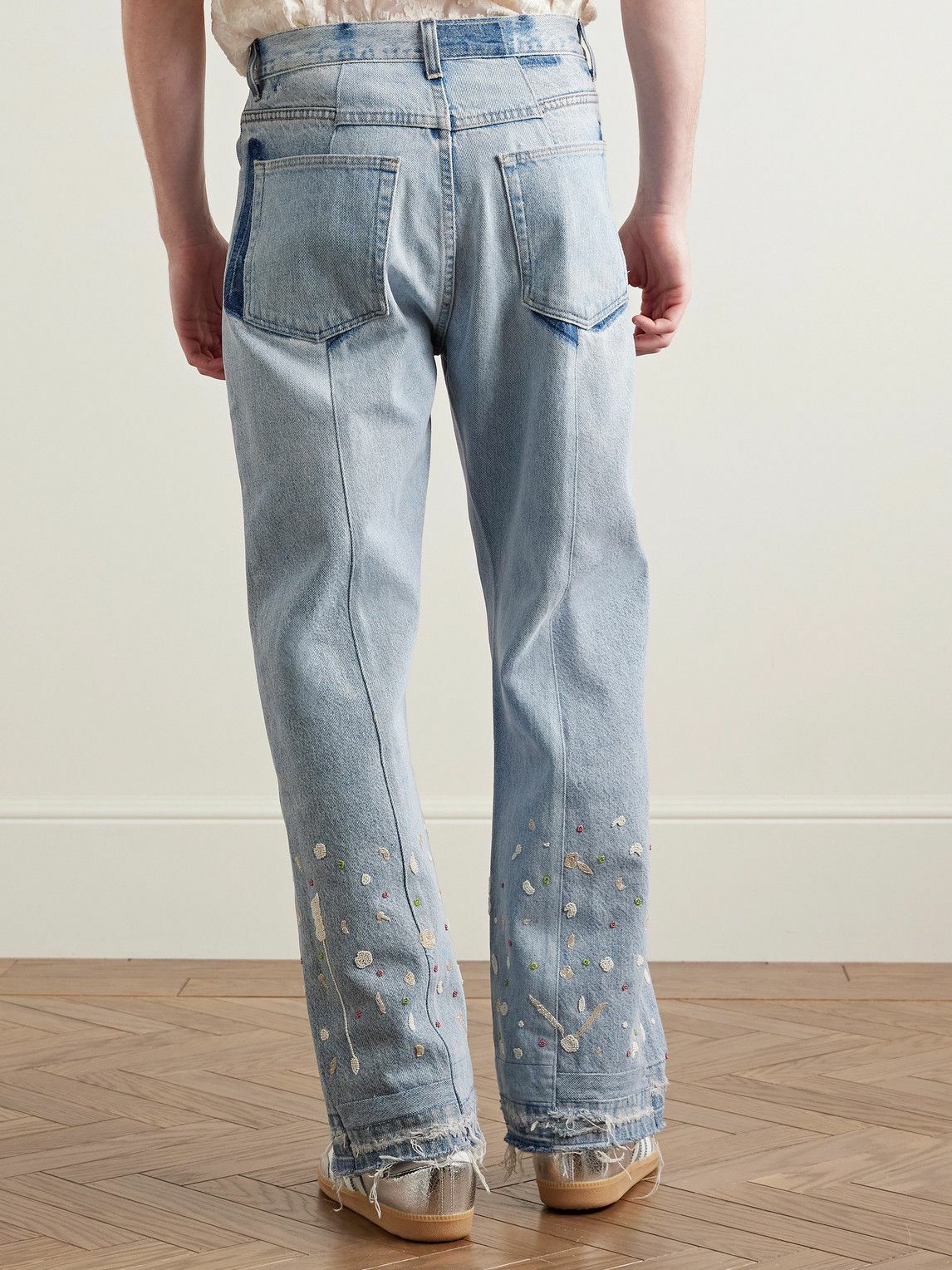 Kartik Research - Straight-Leg Upcycled Frayed Embellished Panelled Jeans - Blue