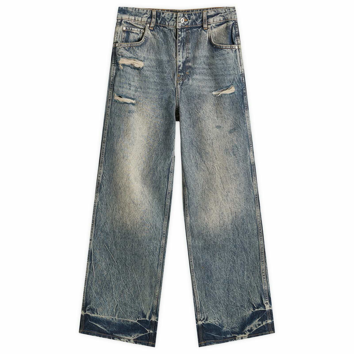 Represent Men's R3 Distressed Baggy Denim in Blue/Cream
