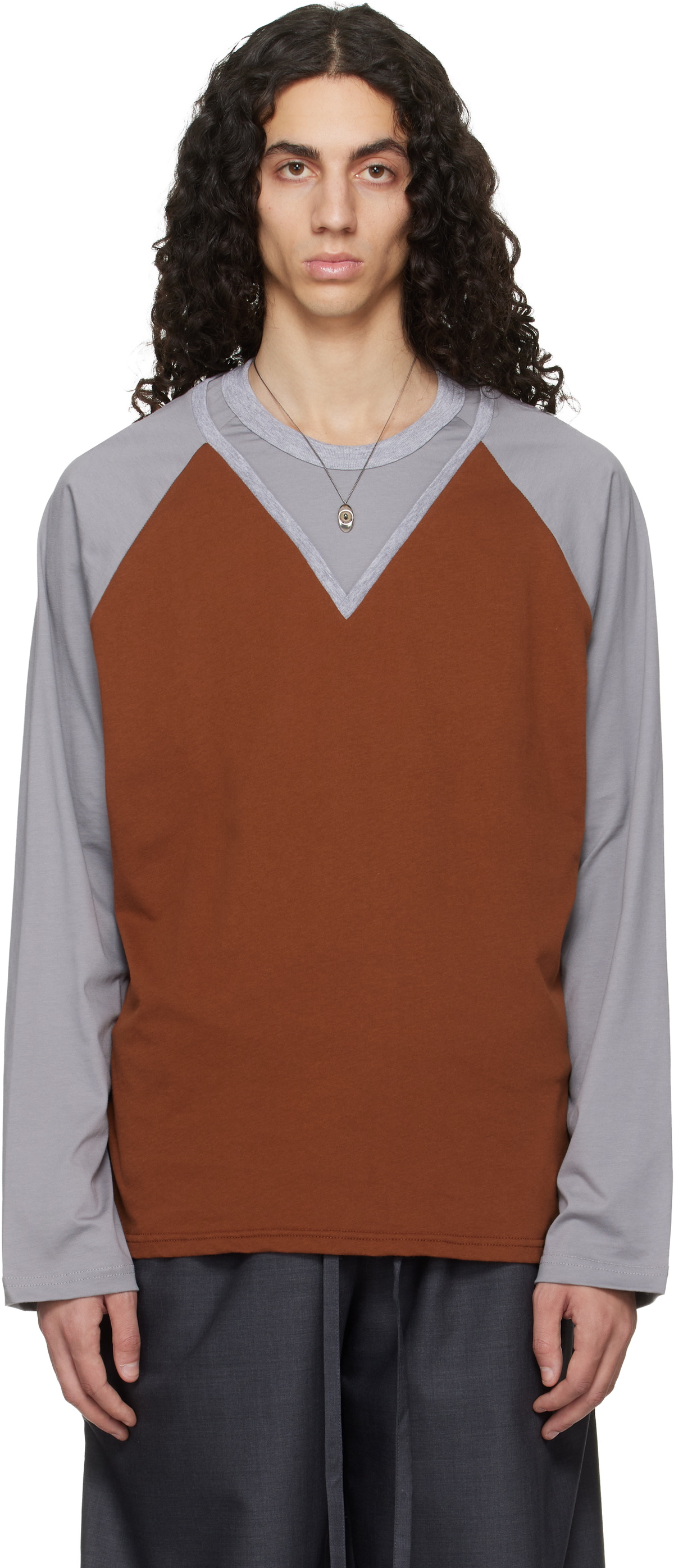 Serapis Tan & Gray W-Neck Cotton T-shirt