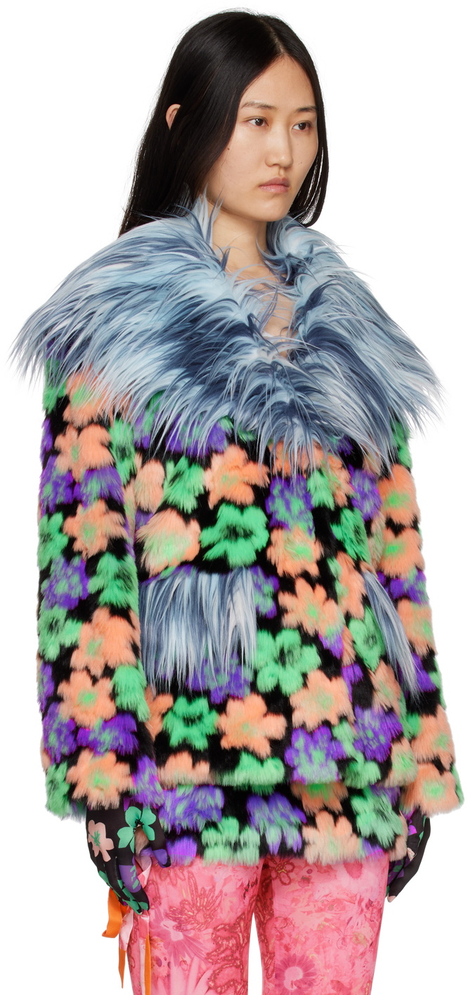 SHUTING QIU Blue Floral Faux-Fur Jacket