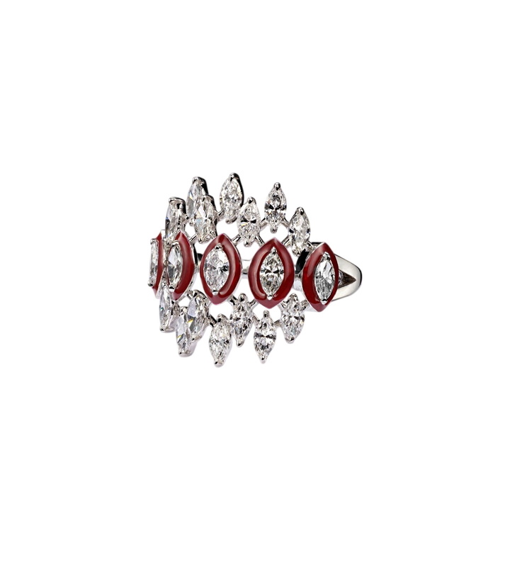 Photo: Kamyen Tiara 18kt white gold and enamel pinky ring with diamonds