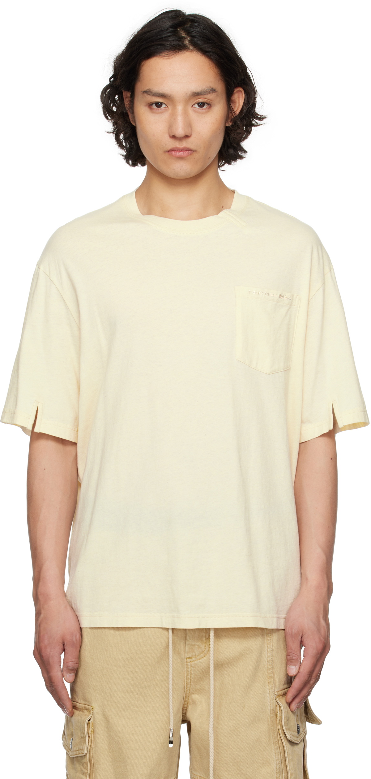【関税込み】Feng Chen Wang ホワイト ディストレス 長袖Tシャツ Feng Chen Wang White Double Neck Jersey T-shirt Feng Chen Wang