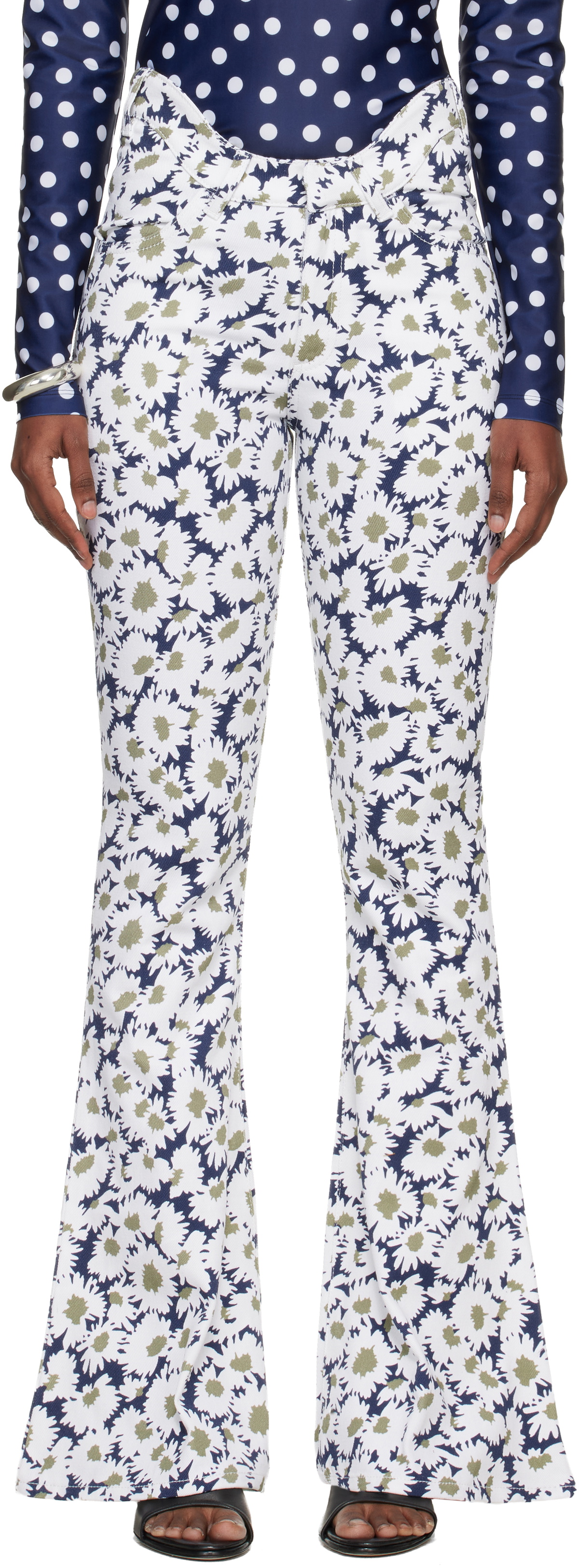 Jean Paul Gaultier White & Navy 'The Curved Flower' Jeans